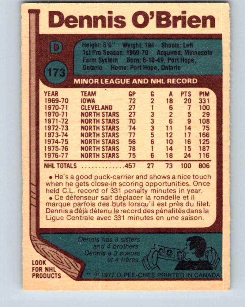 1977-78 O-Pee-Chee #173 Dennis O'Brien  Minnesota North Stars  V14140