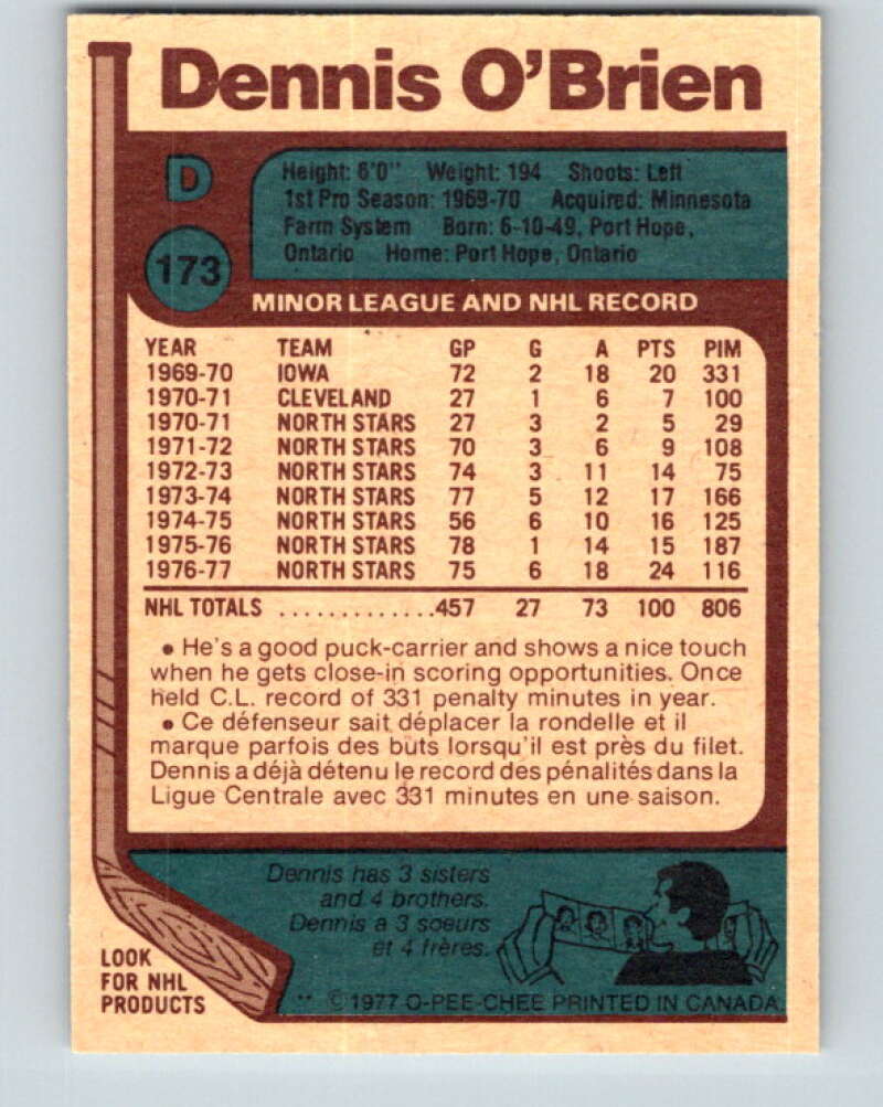 1977-78 O-Pee-Chee #173 Dennis O'Brien  Minnesota North Stars  V14142