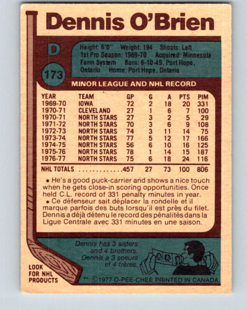 1977-78 O-Pee-Chee #173 Dennis O'Brien  Minnesota North Stars  V14145