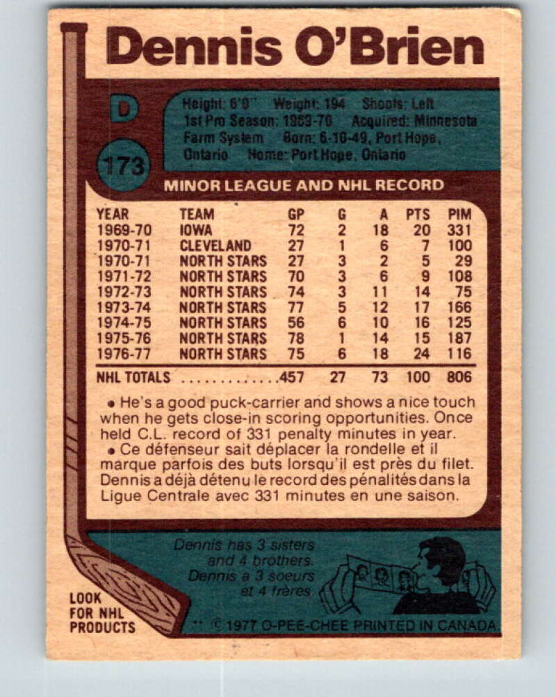 1977-78 O-Pee-Chee #173 Dennis O'Brien  Minnesota North Stars  V14148