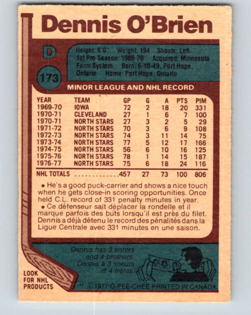 1977-78 O-Pee-Chee #173 Dennis O'Brien  Minnesota North Stars  V14149