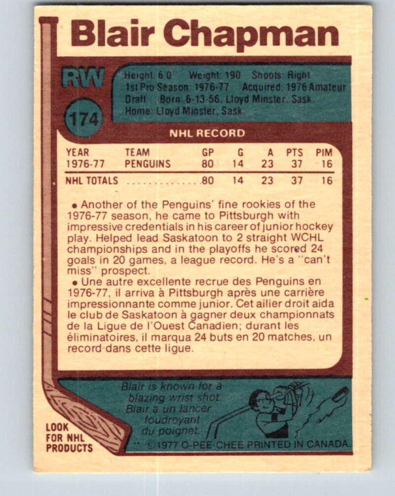 1977-78 O-Pee-Chee #174 Blair Chapman  RC Rookie Pittsburgh Penguins  V14153