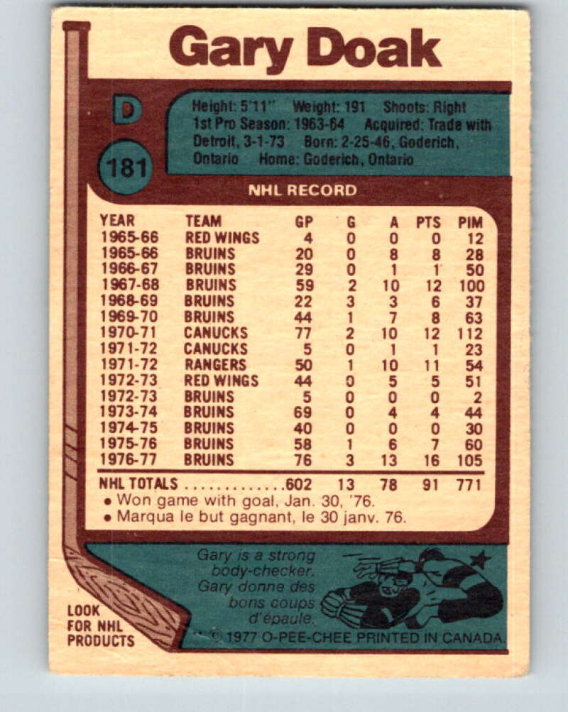 1977-78 O-Pee-Chee #181 Gary Doak  Boston Bruins  V14199