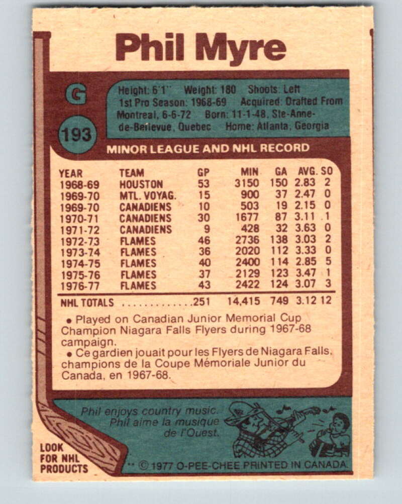 1977-78 O-Pee-Chee #193 Phil Myre  Atlanta Flames  V14288