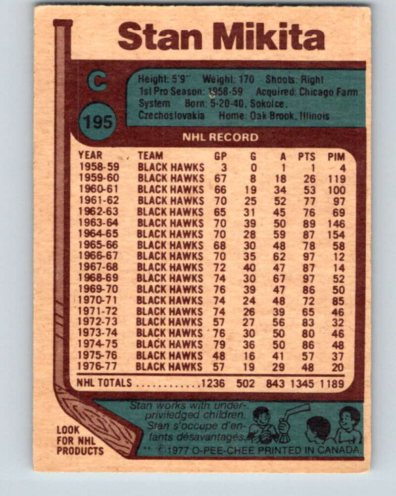 1977-78 O-Pee-Chee #195 Stan Mikita  Chicago Blackhawks  V14310