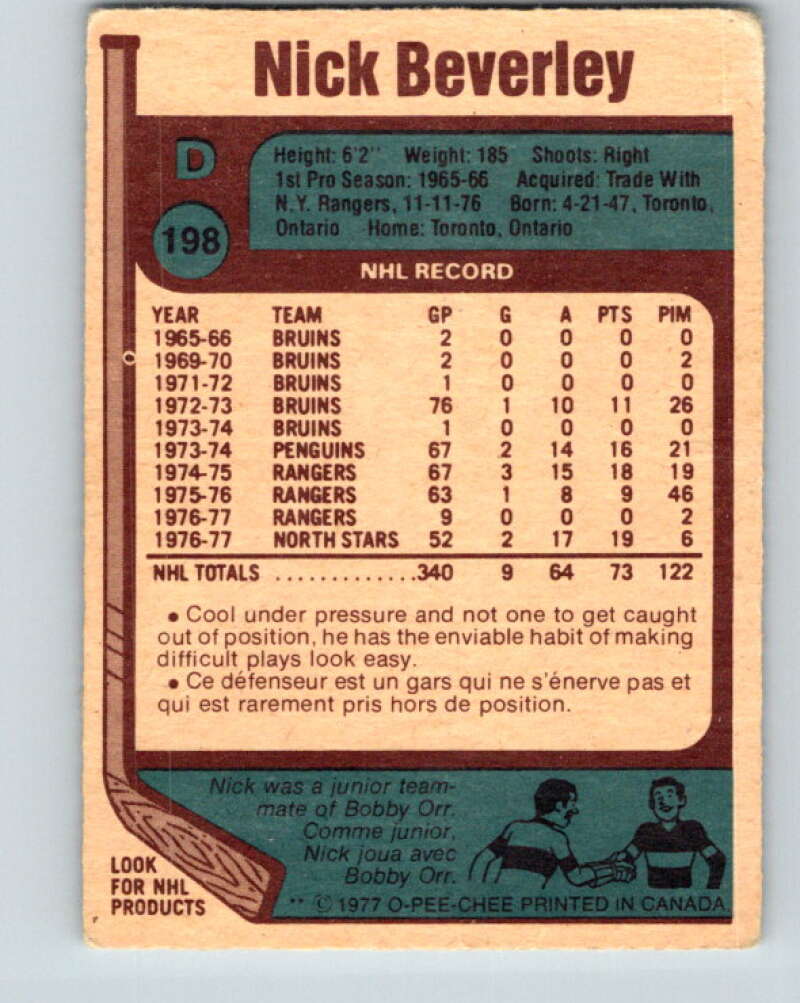 1977-78 O-Pee-Chee #198 Nick Beverley  Minnesota North Stars  V14332