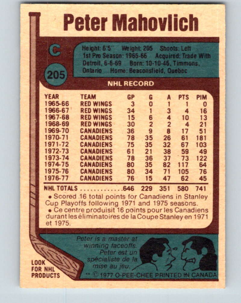 1977-78 O-Pee-Chee #205 Pete Mahovlich  Montreal Canadiens  V14381