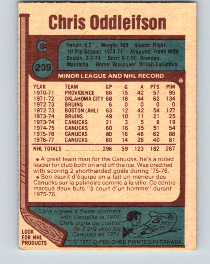 1977-78 O-Pee-Chee #209 Chris Oddleifson  Vancouver Canucks  V14403