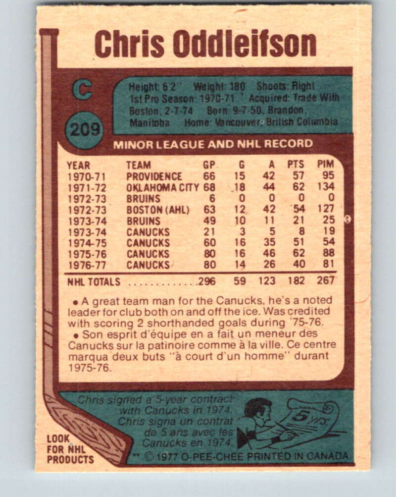 1977-78 O-Pee-Chee #209 Chris Oddleifson  Vancouver Canucks  V14404