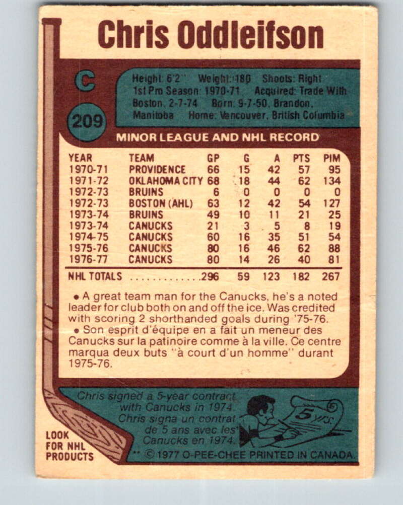 1977-78 O-Pee-Chee #209 Chris Oddleifson  Vancouver Canucks  V14410