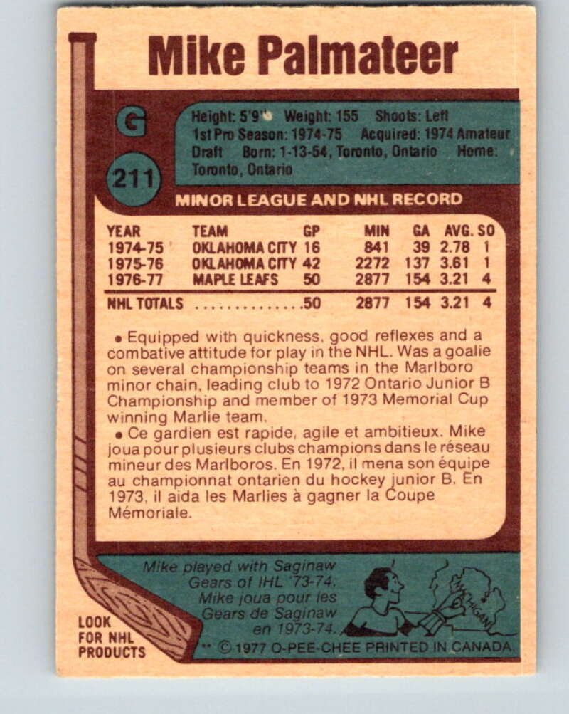 1977-78 O-Pee-Chee #211 Mike Palmateer  RC Rookie Toronto Maple Leafs  V14420