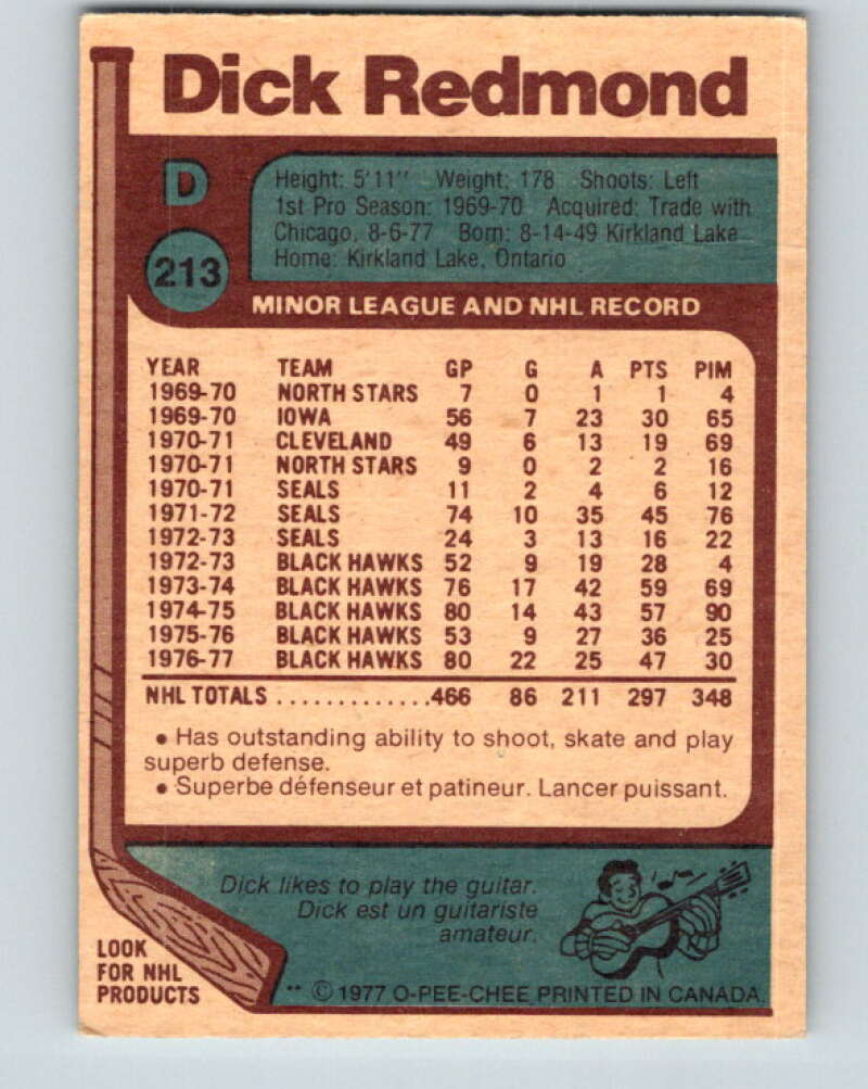 1977-78 O-Pee-Chee #213 Dick Redmond  St. Louis Blues  V14437