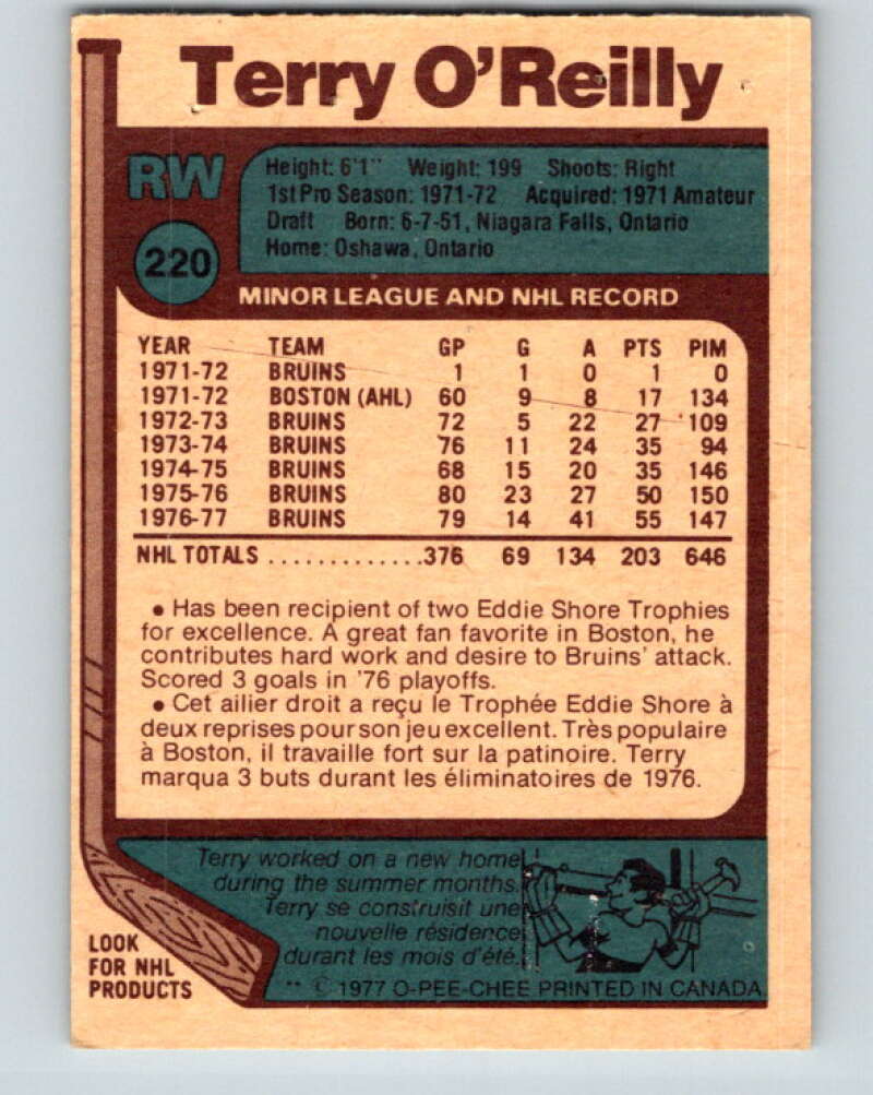 1977-78 O-Pee-Chee #220 Terry O'Reilly  Boston Bruins  V14495