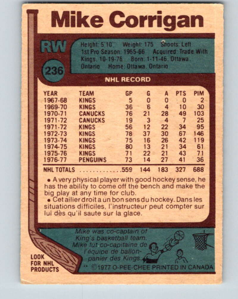 1977-78 O-Pee-Chee #236 Mike Corrigan  Pittsburgh Penguins  V14609