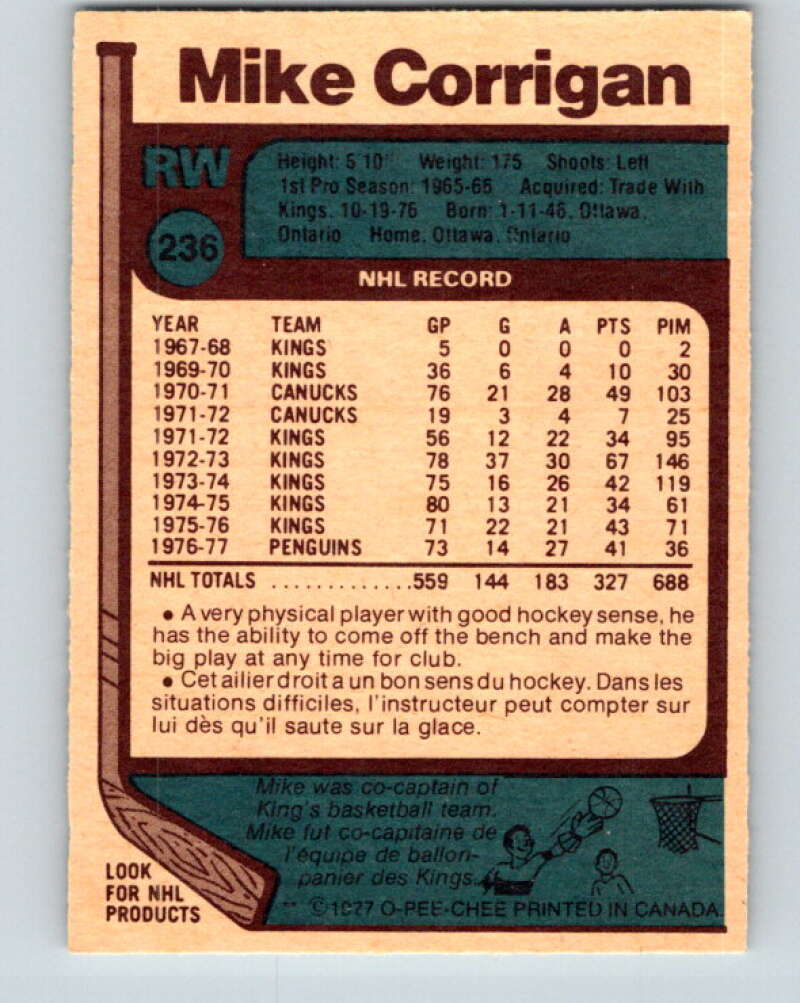 1977-78 O-Pee-Chee #236 Mike Corrigan  Pittsburgh Penguins  V14614