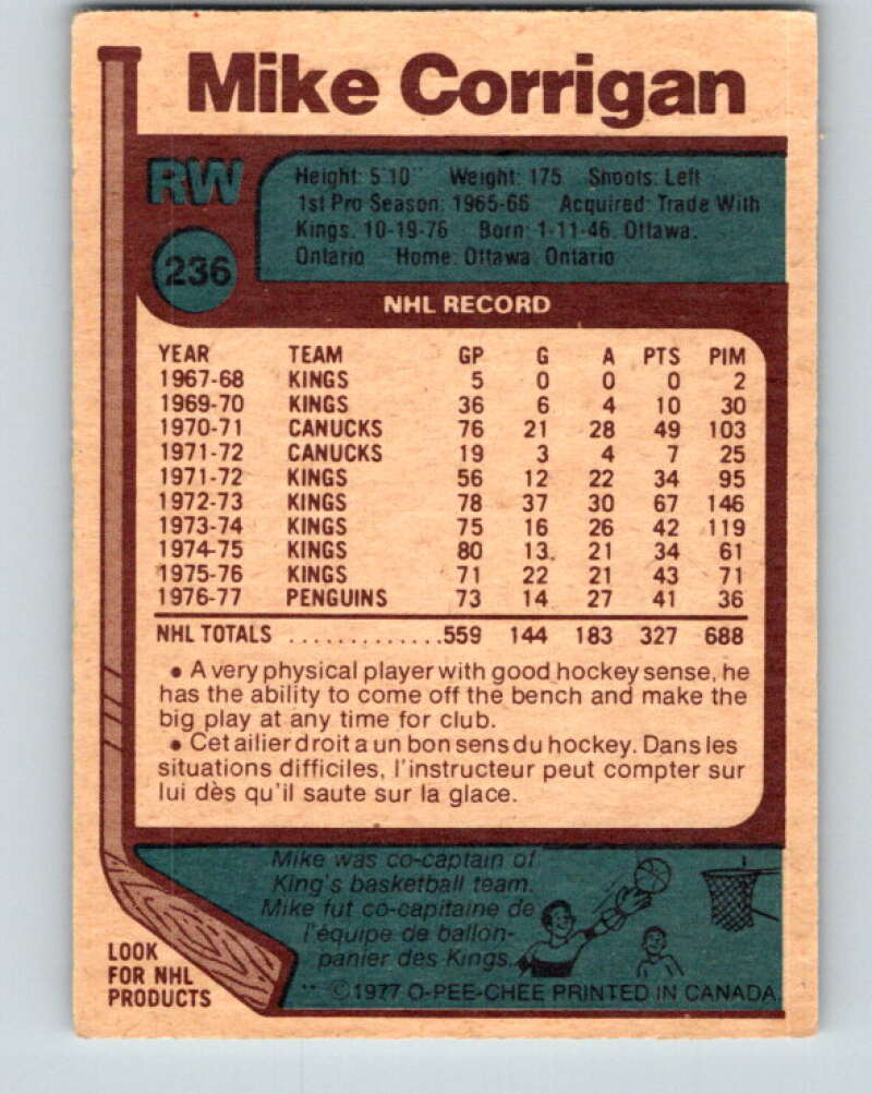 1977-78 O-Pee-Chee #236 Mike Corrigan  Pittsburgh Penguins  V14615