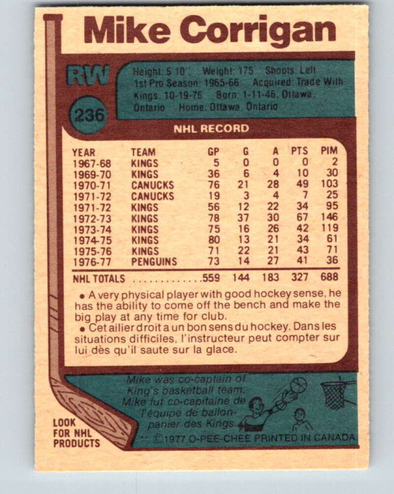 1977-78 O-Pee-Chee #236 Mike Corrigan  Pittsburgh Penguins  V14616