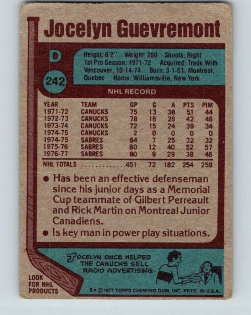 1977-78 O-Pee-Chee #242 Jocelyn Guevremont  Buffalo Sabres  V14667