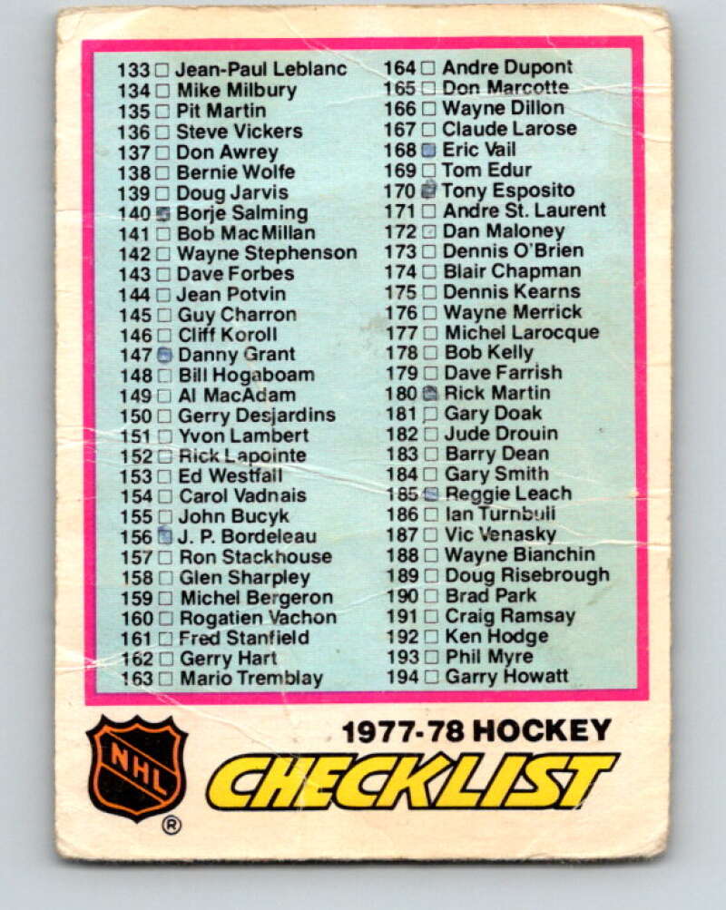 1977-78 O-Pee-Chee #249 Checklist   V14708