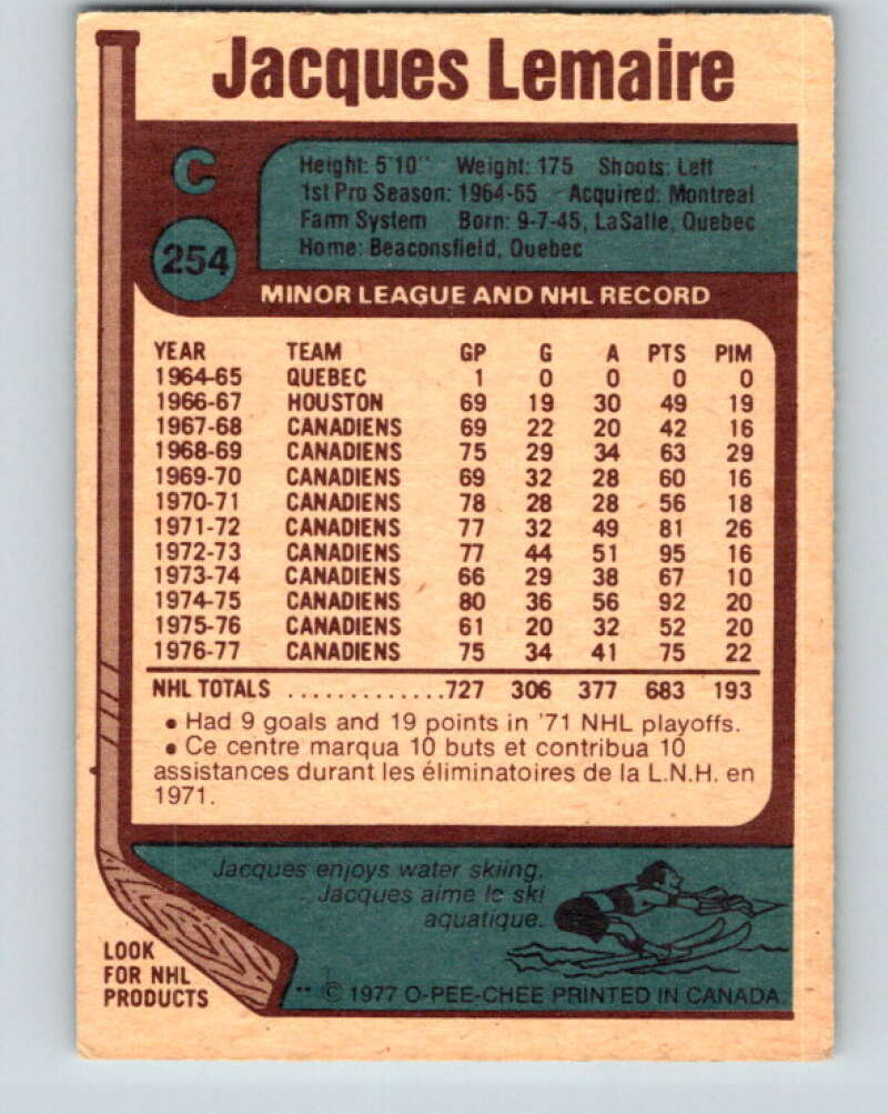 1977-78 O-Pee-Chee #254 Jacques Lemaire  Montreal Canadiens  V14743