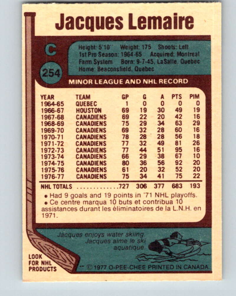 1977-78 O-Pee-Chee #254 Jacques Lemaire  Montreal Canadiens  V14745