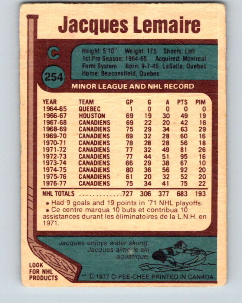 1977-78 O-Pee-Chee #254 Jacques Lemaire  Montreal Canadiens  V14749