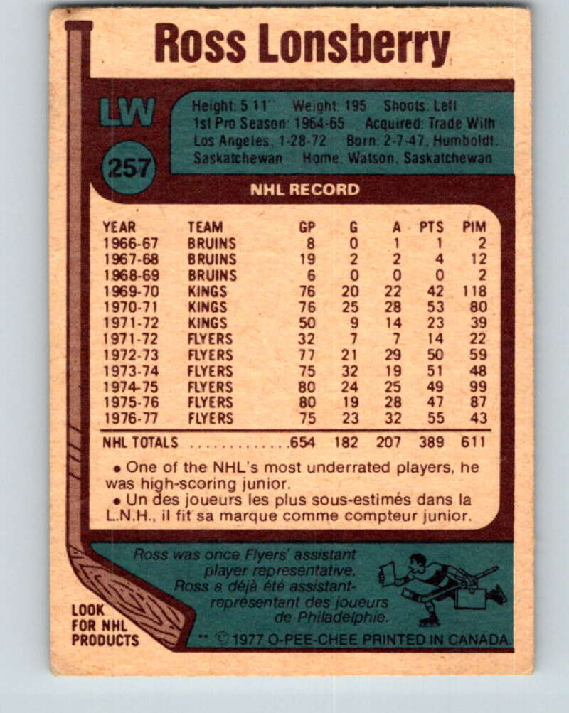 1977-78 O-Pee-Chee #257 Ross Lonsberry  Philadelphia Flyers  V14768