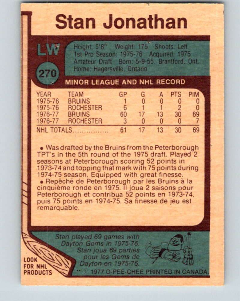 1977-78 O-Pee-Chee #270 Stan Jonathan  RC Rookie Boston Bruins  V14852