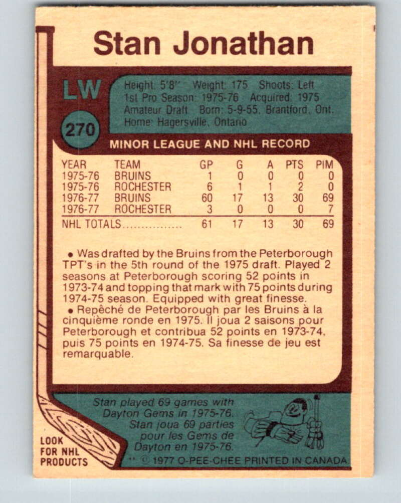 1977-78 O-Pee-Chee #270 Stan Jonathan  RC Rookie Boston Bruins  V14853