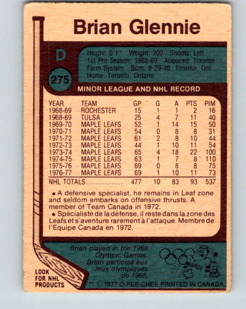 1977-78 O-Pee-Chee #275 Brian Glennie  Toronto Maple Leafs  V14891