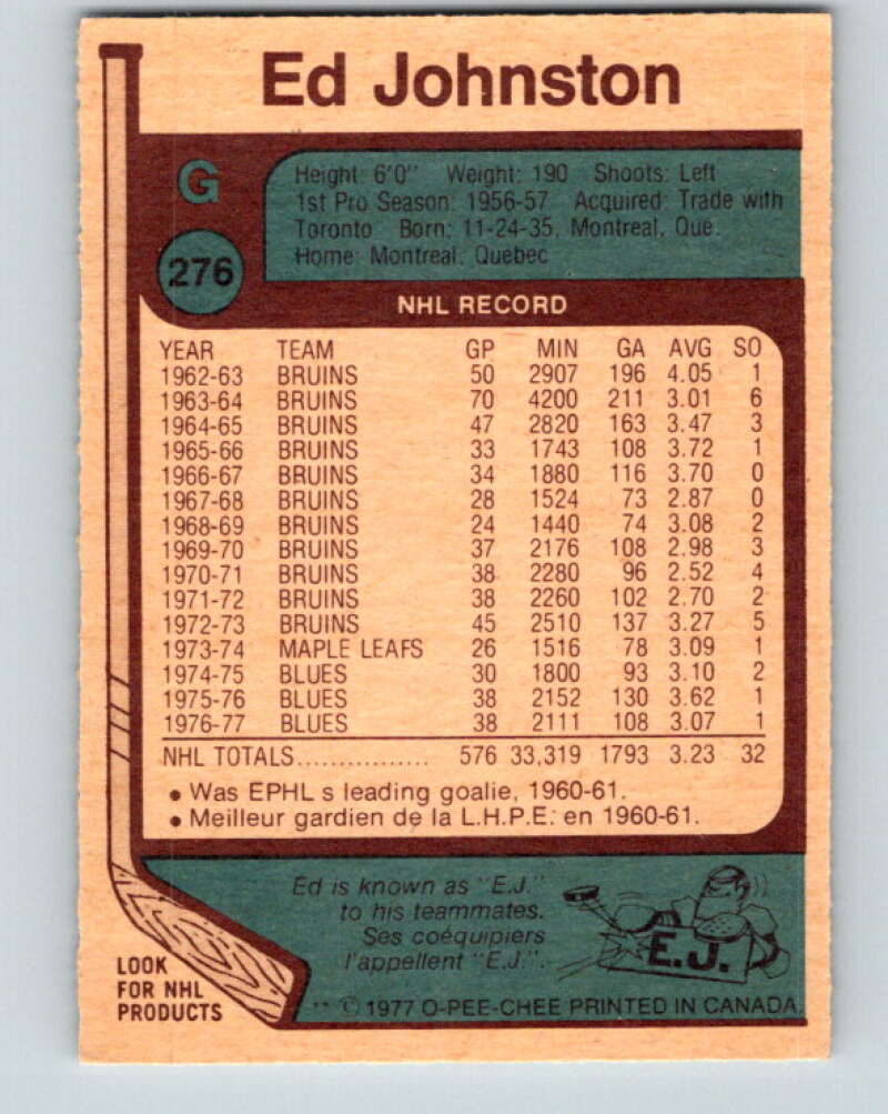1977-78 O-Pee-Chee #276 Ed Johnston  St. Louis Blues  V14895
