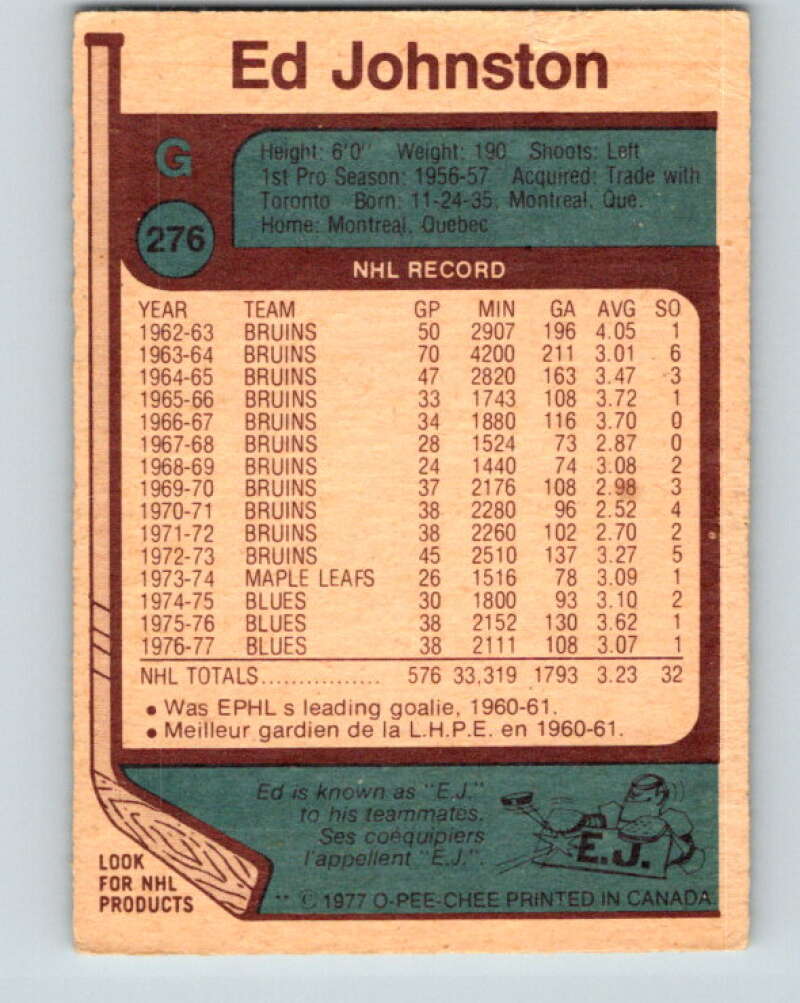 1977-78 O-Pee-Chee #276 Ed Johnston  St. Louis Blues  V14900