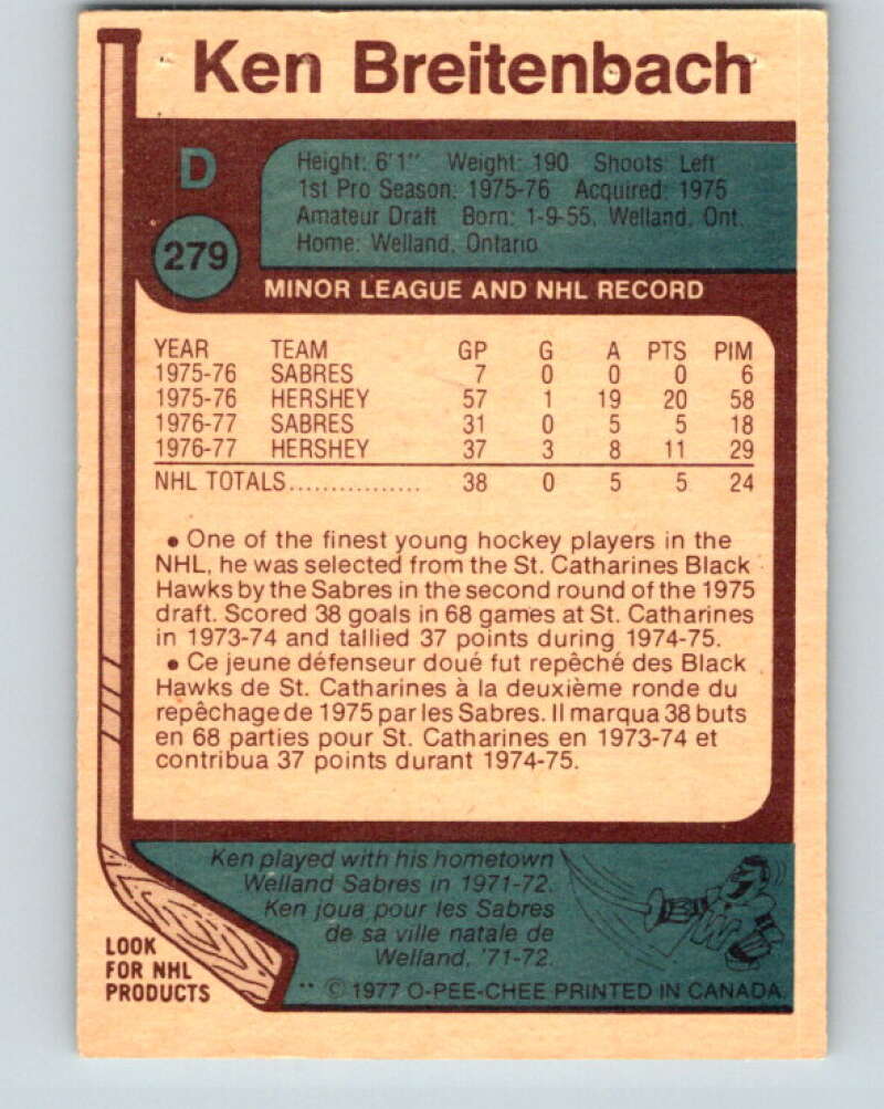 1977-78 O-Pee-Chee #279 Ken Breitenbach  RC Rookie Buffalo Sabres  V14908