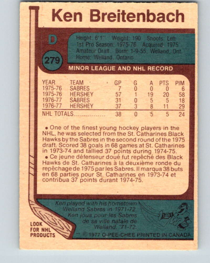 1977-78 O-Pee-Chee #279 Ken Breitenbach  RC Rookie Buffalo Sabres  V14909