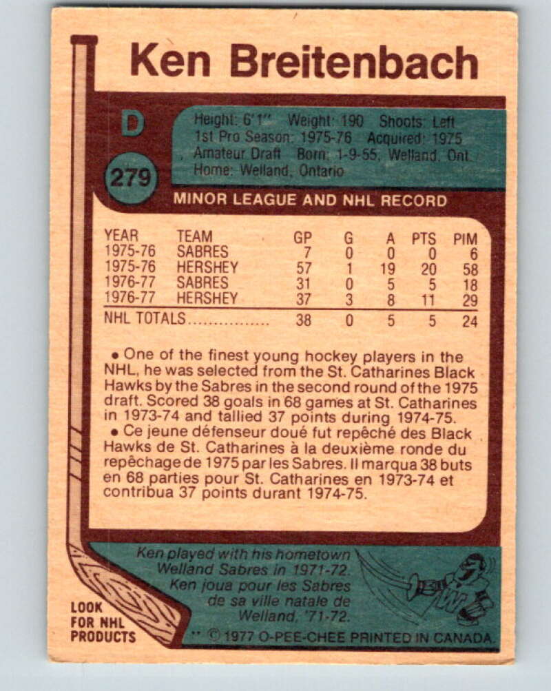 1977-78 O-Pee-Chee #279 Ken Breitenbach  RC Rookie Buffalo Sabres  V14911