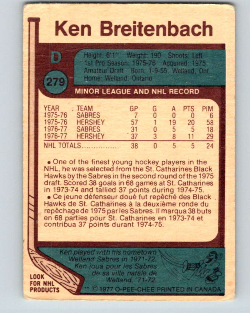 1977-78 O-Pee-Chee #279 Ken Breitenbach  RC Rookie Buffalo Sabres  V14913