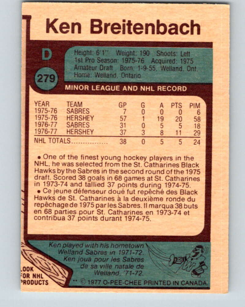 1977-78 O-Pee-Chee #279 Ken Breitenbach  RC Rookie Buffalo Sabres  V14915