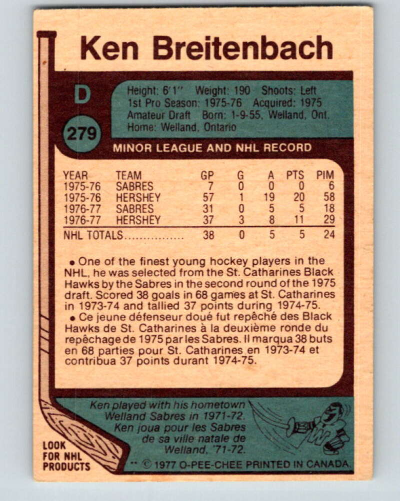 1977-78 O-Pee-Chee #279 Ken Breitenbach  RC Rookie Buffalo Sabres  V14916