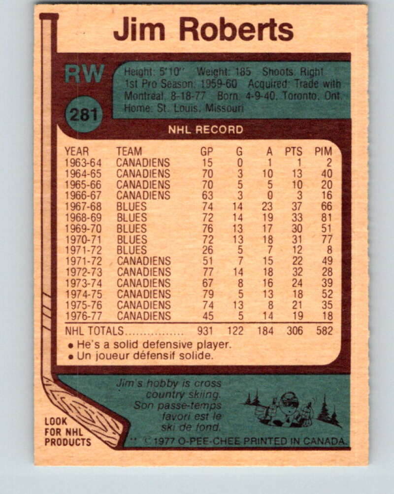 1977-78 O-Pee-Chee #281 Jim Roberts  St. Louis Blues  V14930