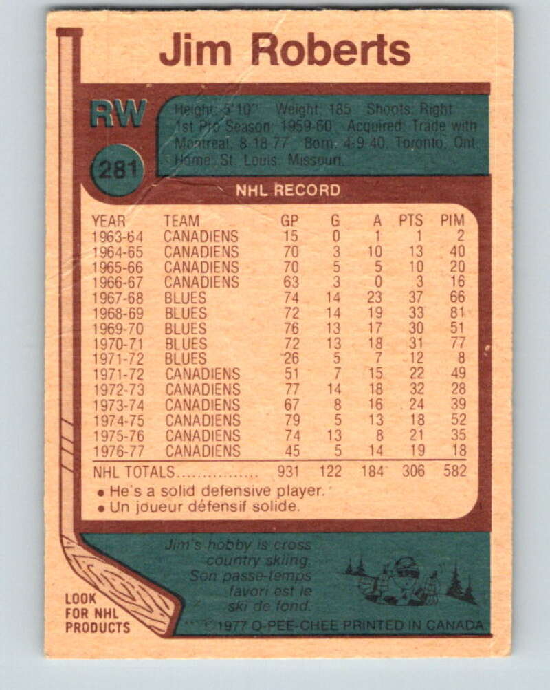 1977-78 O-Pee-Chee #281 Jim Roberts  St. Louis Blues  V14936