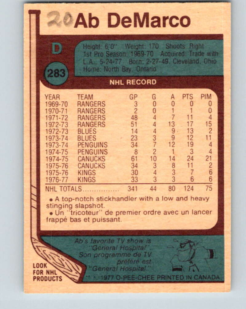1977-78 O-Pee-Chee #283 Ab DeMarco  Atlanta Flames  V14943