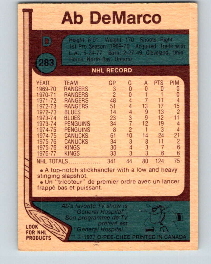 1977-78 O-Pee-Chee #283 Ab DeMarco  Atlanta Flames  V14944