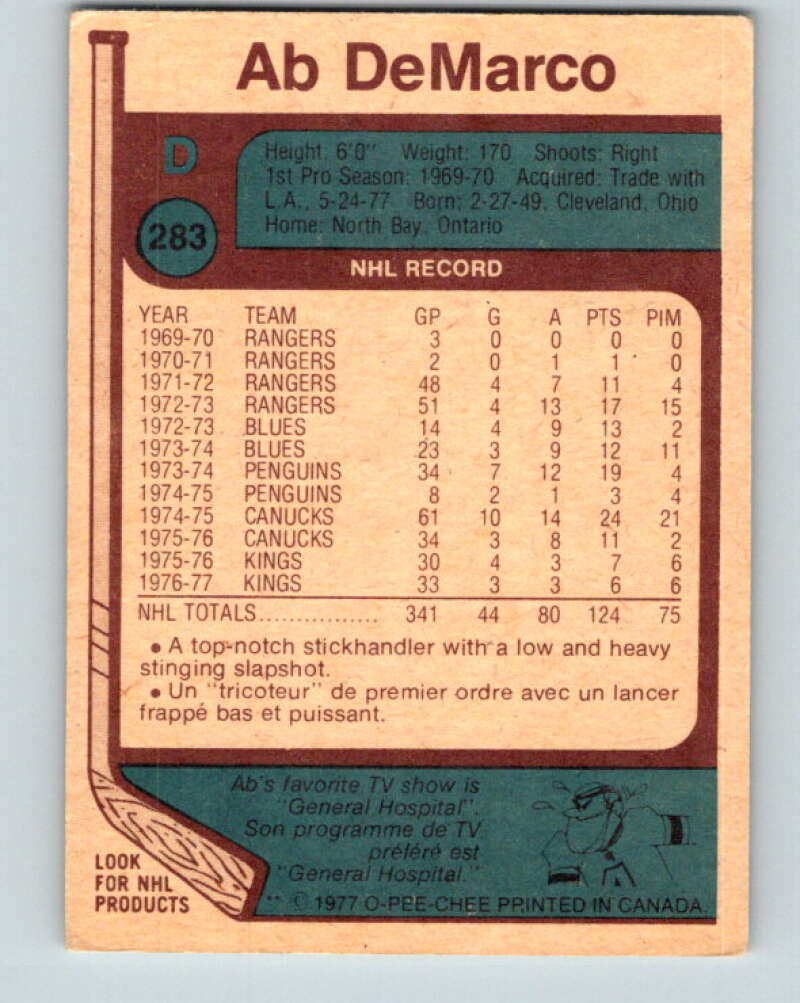 1977-78 O-Pee-Chee #283 Ab DeMarco  Atlanta Flames  V14951