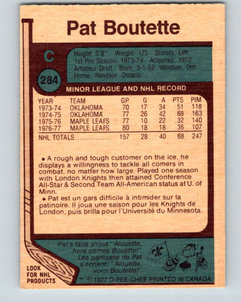 1977-78 O-Pee-Chee #284 Pat Boutette  Toronto Maple Leafs  V14956