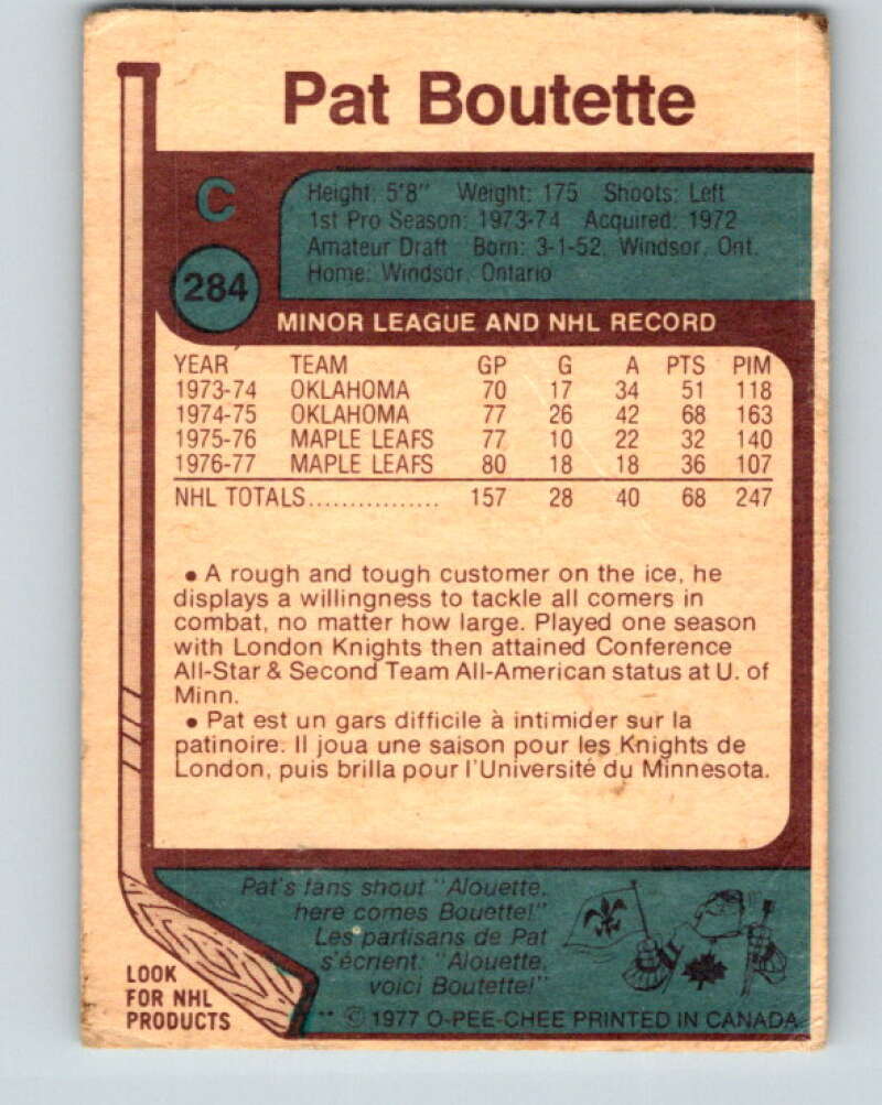 1977-78 O-Pee-Chee #284 Pat Boutette  Toronto Maple Leafs  V14957