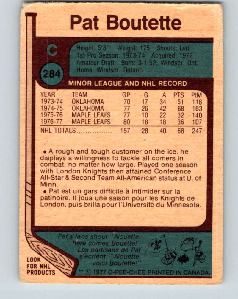 1977-78 O-Pee-Chee #284 Pat Boutette  Toronto Maple Leafs  V14959
