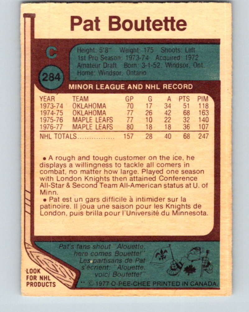 1977-78 O-Pee-Chee #284 Pat Boutette  Toronto Maple Leafs  V14960