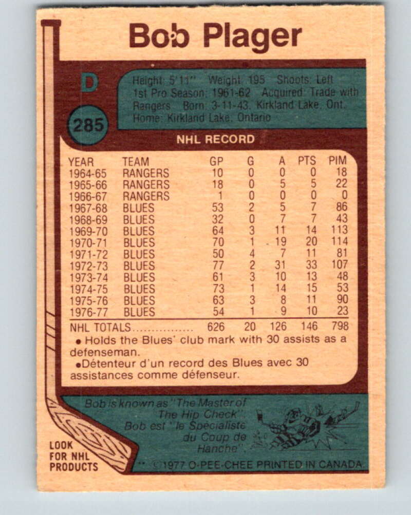 1977-78 O-Pee-Chee #285 Bob Plager  St. Louis Blues  V14963