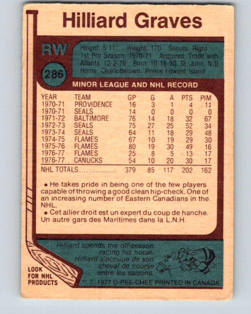 1977-78 O-Pee-Chee #286 Hilliard Graves  Vancouver Canucks  V14974