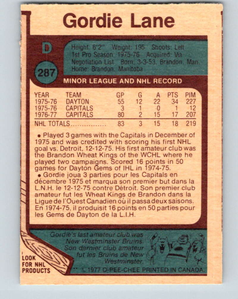 1977-78 O-Pee-Chee #287 Gord Lane  RC Rookie Washington Capitals  V14976